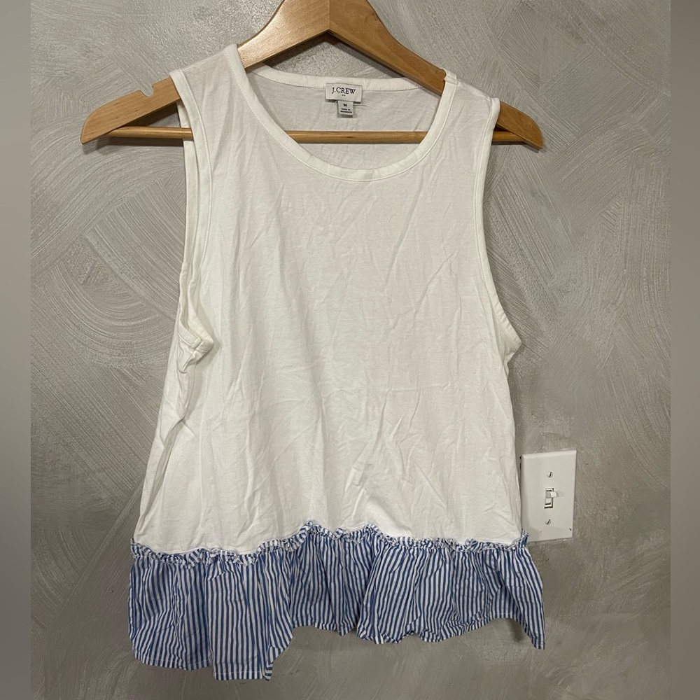 White J.Crew tank top with blue pinstripe peplum size medium